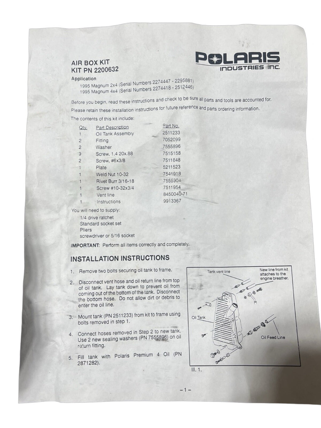 1995 Polaris Magnum 325 Oil Tank Kit 22006321